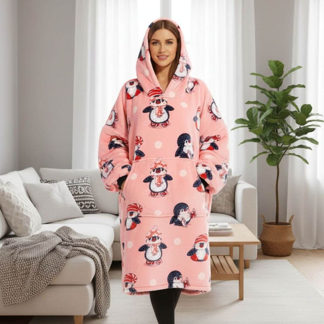 Super Sover Oversized Hoodie-tæppe Pingvin