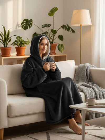 Super Sover Oversized Hoodie-tæppe Sort Mørkegrå 1200x1600