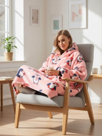 Super Sover Oversized Hoodie-tæppe Pingvin