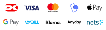 Ikoner der viser, at webshoppen tilbyder sikker betaling via Dankort, Visa, Mastercard, MobilePay, Apple Pay, Google Pay, ViaBill, Klarna, Anyday og Nets.